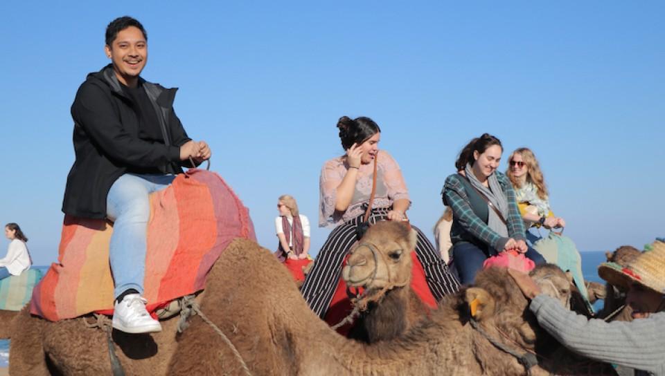 摩洛哥学生骑骆驼的照片